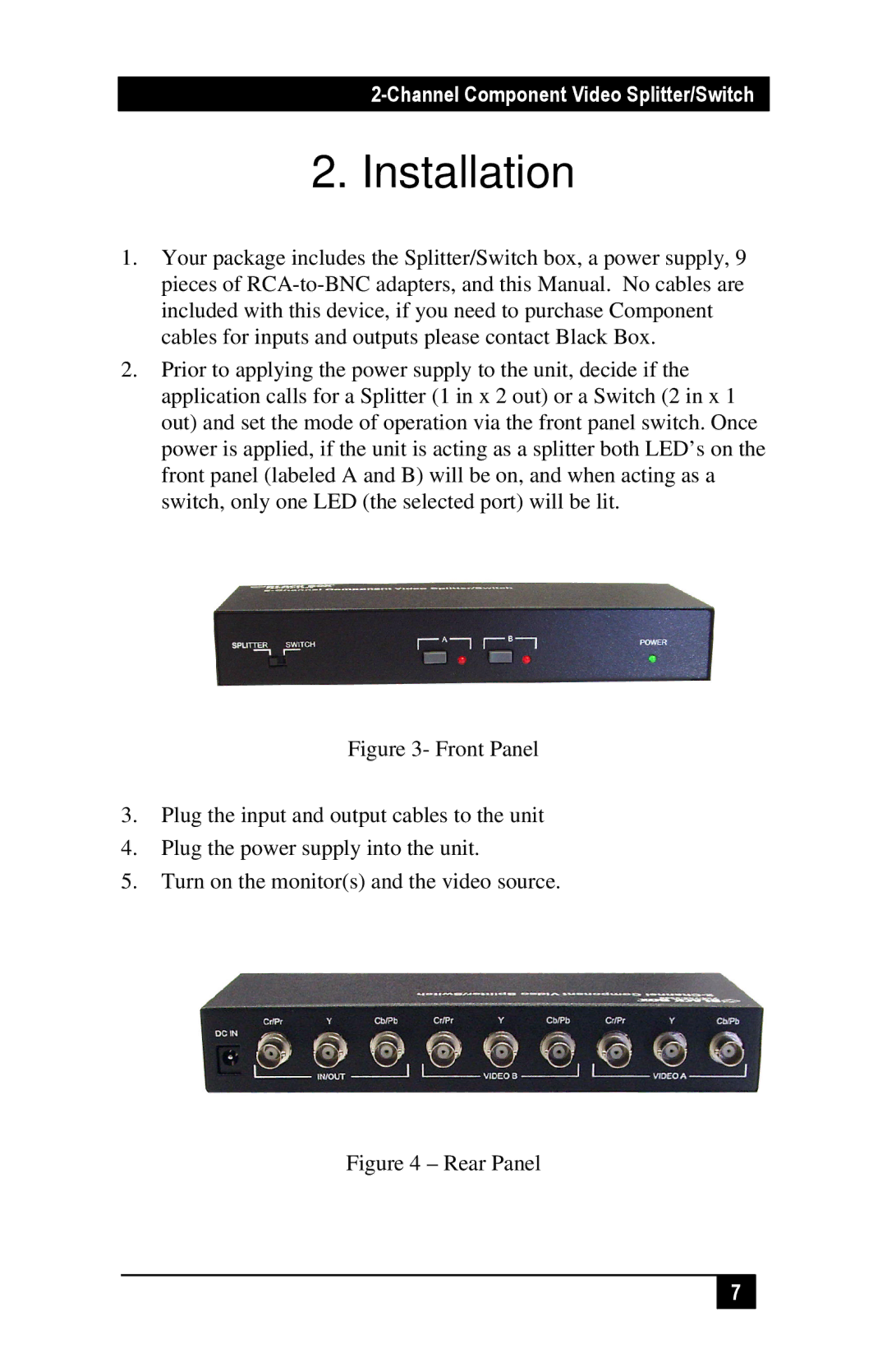 Black Box AC1030A, 2-Channel Component Video Splitter/Switch manual Installation, Rear Panel 