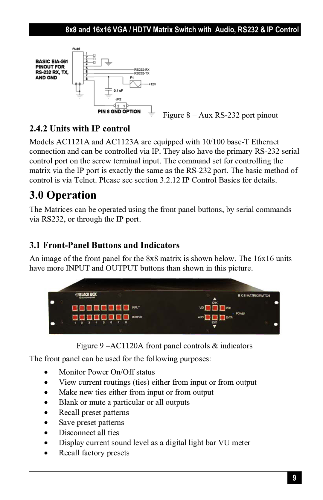 Black Box 1123A, AC1120A, 1121A, 1122A user manual Operation, Units with IP control, Front-Panel Buttons and Indicators 