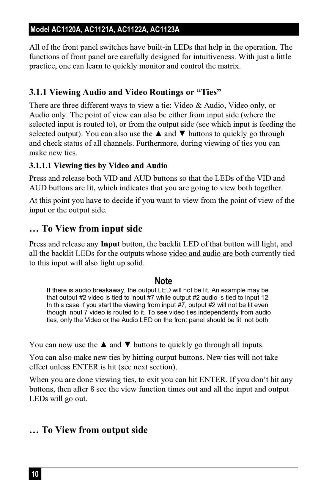 Black Box 1121A, AC1120A, 1123A, 1122A user manual Viewing Audio and Video Routings or Ties, Viewing ties by Video and Audio 