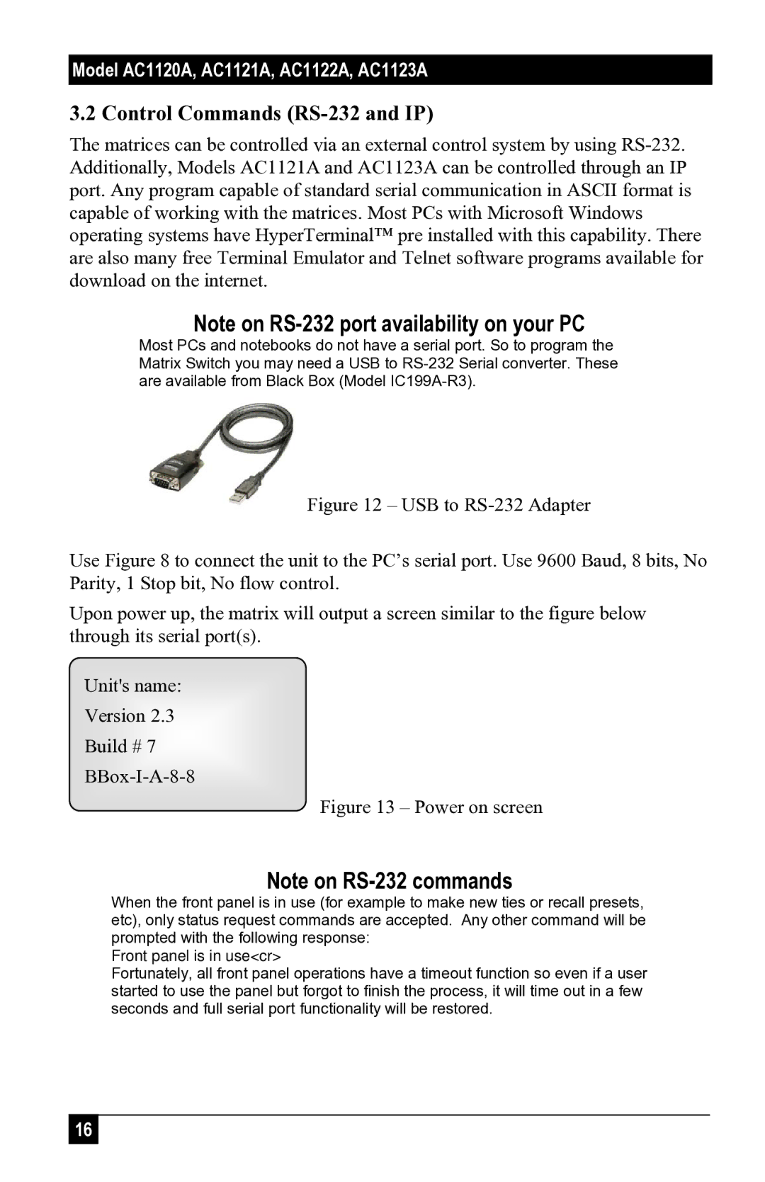 Black Box 1122A, AC1120A, 1123A, 1121A user manual Control Commands RS-232 and IP, Front panel is in usecr 