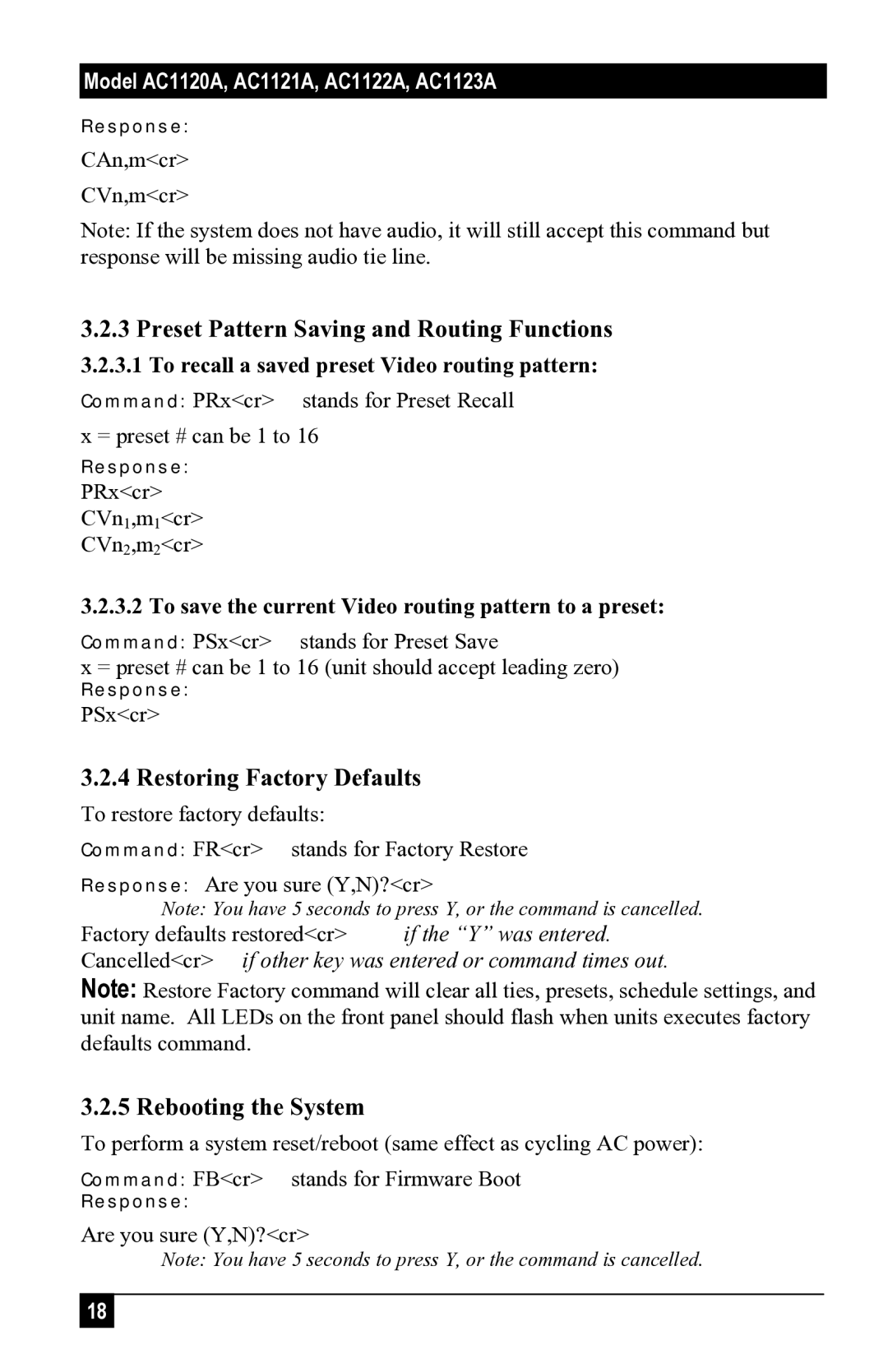 Black Box AC1120A, 1123A Preset Pattern Saving and Routing Functions, Restoring Factory Defaults, Rebooting the System 