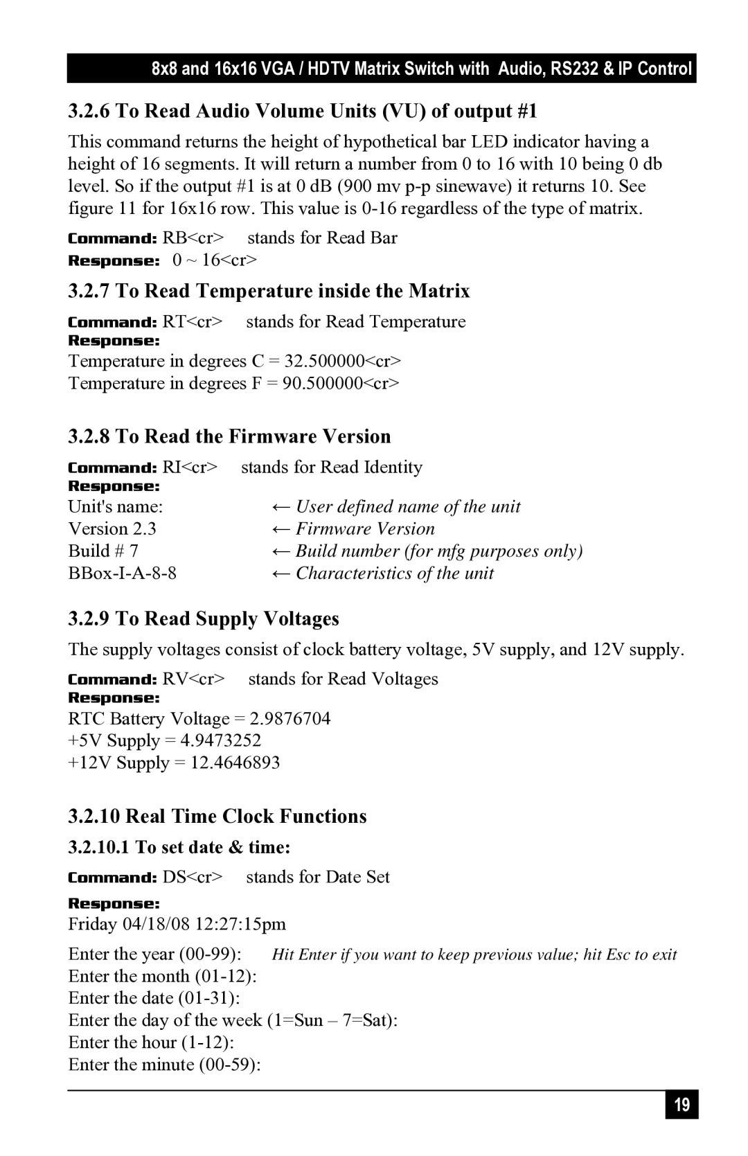 Black Box 1123A To Read Audio Volume Units VU of output #1, To Read Temperature inside the Matrix, To Read Supply Voltages 