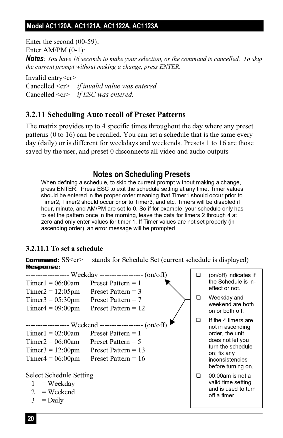 Black Box 1121A, AC1120A, 1123A, 1122A user manual Scheduling Auto recall of Preset Patterns, To set a schedule 