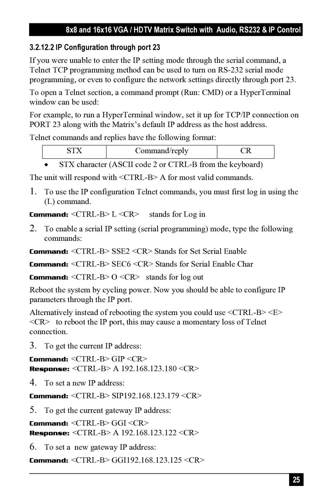 Black Box 1121A, AC1120A, 1123A, 1122A user manual IP Configuration through port 