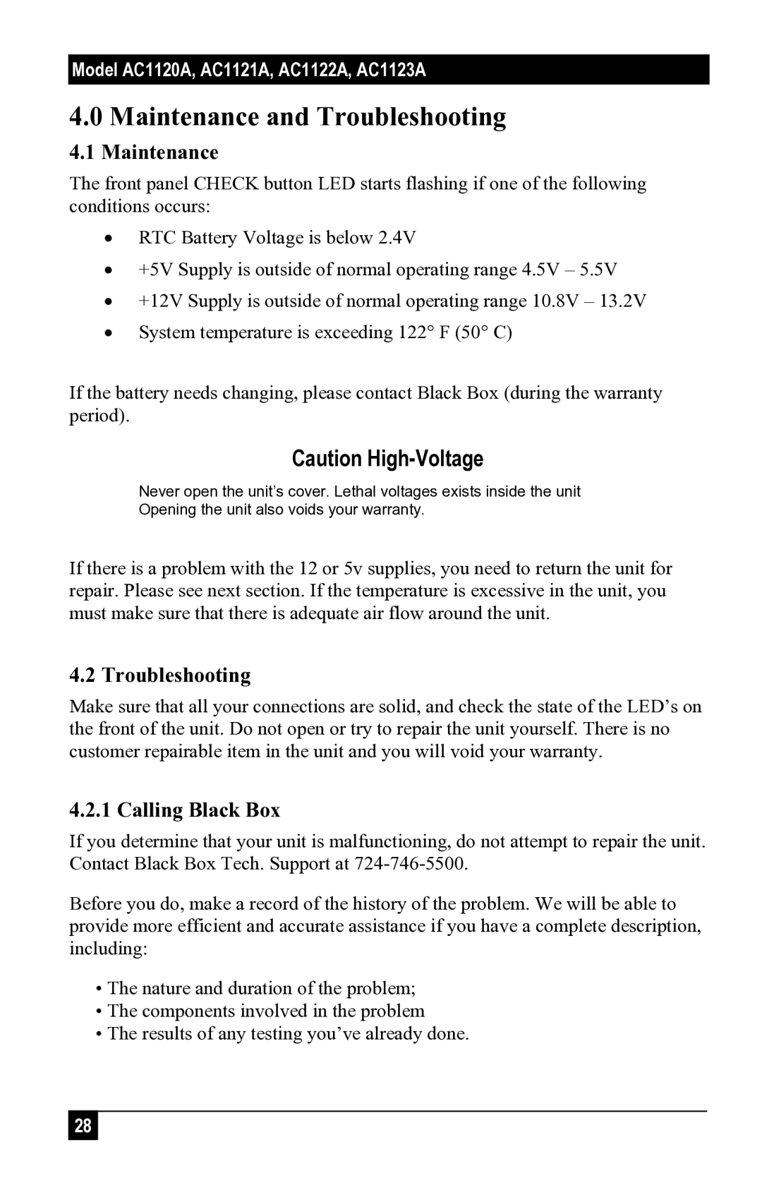 Black Box AC1120A, 1123A, 1121A, 1122A user manual Maintenance and Troubleshooting, Calling Black Box 