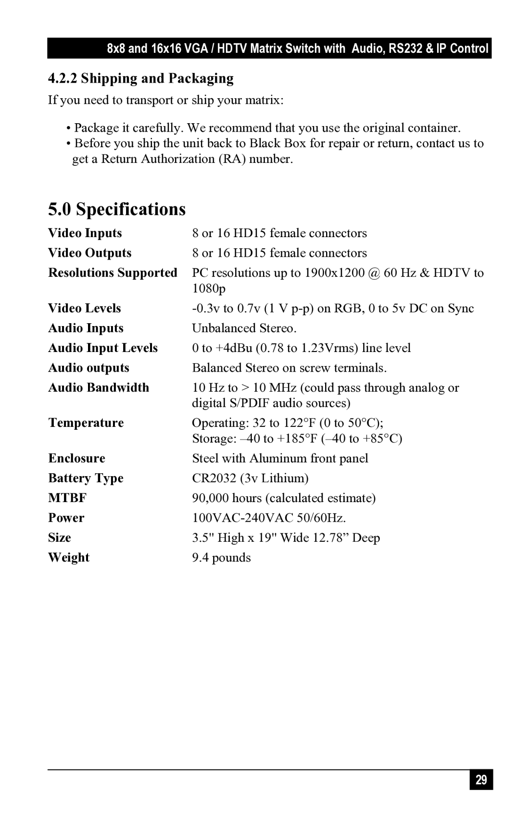 Black Box 1123A, AC1120A, 1121A, 1122A user manual Specifications, Shipping and Packaging 