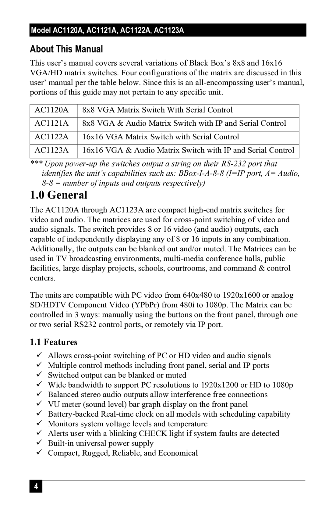 Black Box 1123A, AC1120A, 1121A, 1122A user manual General, Features 