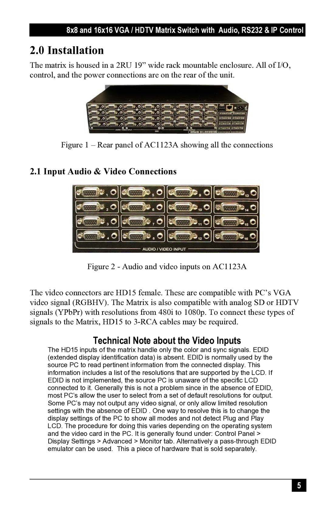 Black Box 1121A, AC1120A, 1123A, 1122A user manual Installation, Input Audio & Video Connections 