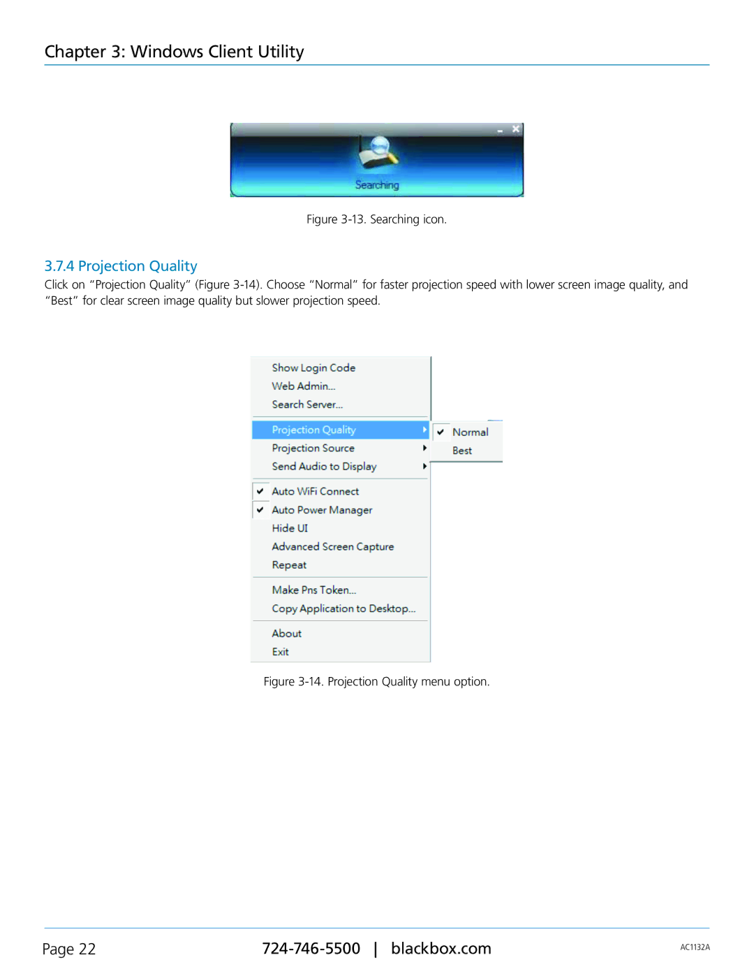 Black Box AC1132A, Wireless Video Presentation System III manual Projection Quality, Searching icon 