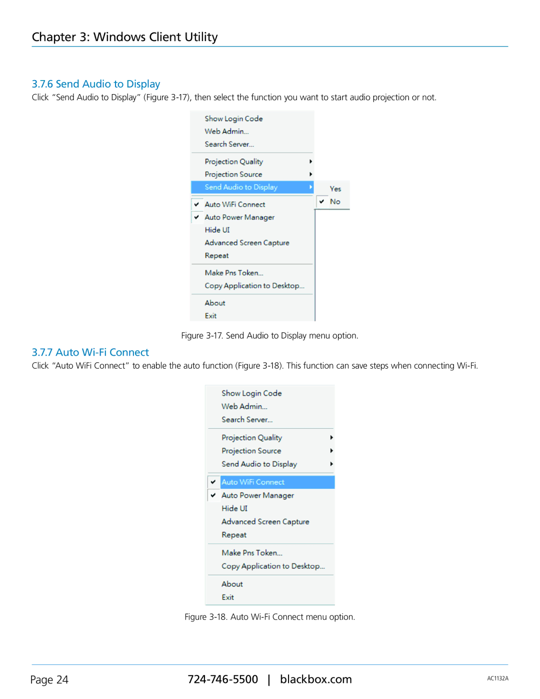 Black Box AC1132A, Wireless Video Presentation System III manual Send Audio to Display, Auto Wi-Fi Connect 