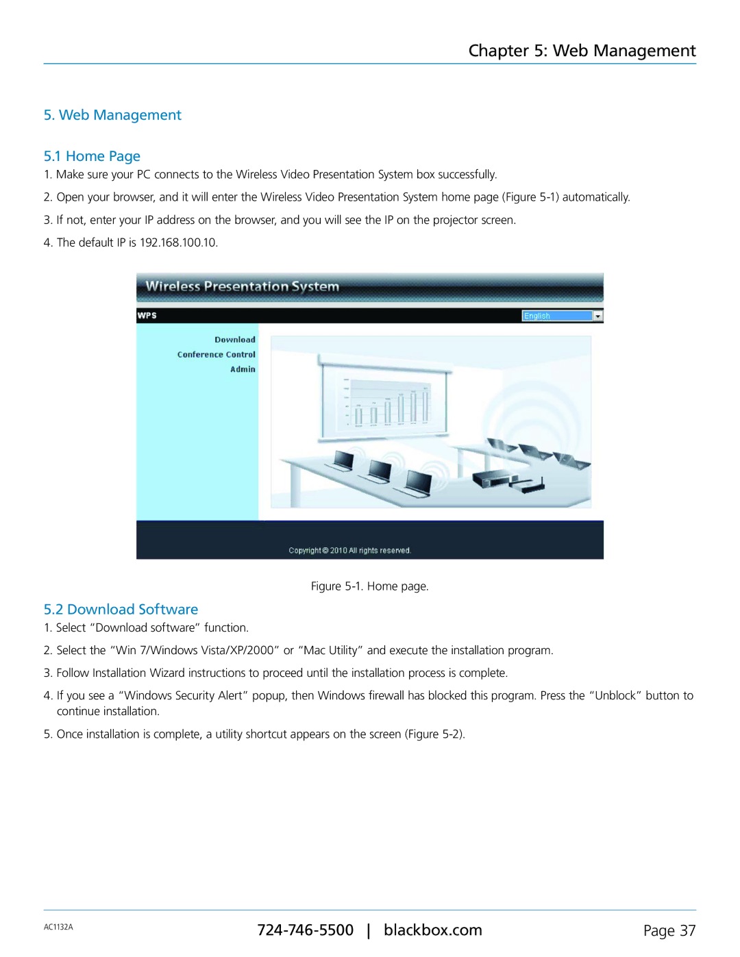 Black Box Wireless Video Presentation System III, AC1132A manual Web Management Home, Download Software 