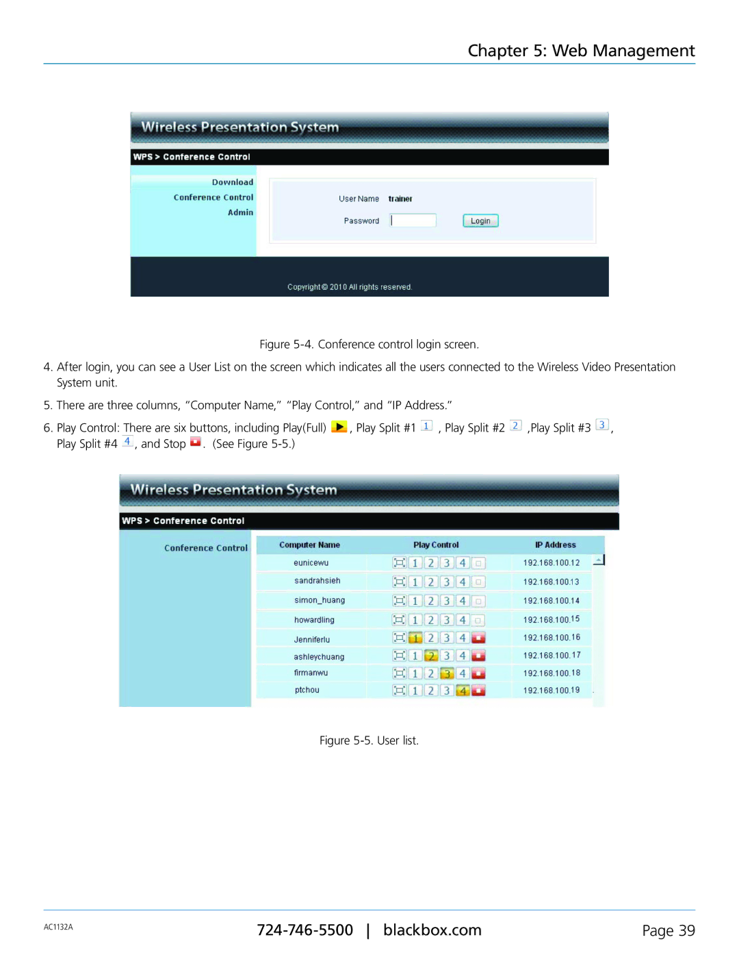 Black Box Wireless Video Presentation System III, AC1132A manual User list 
