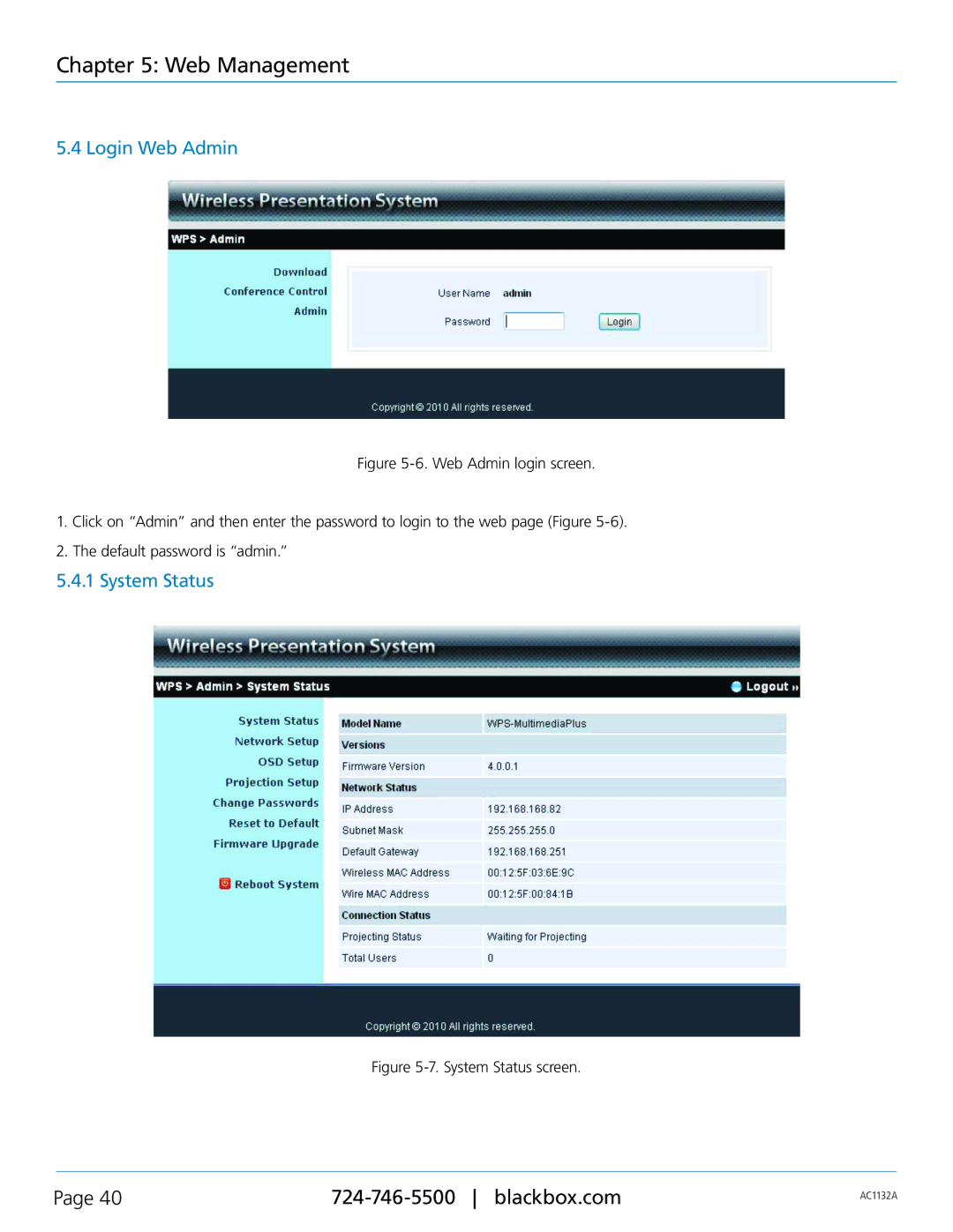 Black Box AC1132A, Wireless Video Presentation System III manual Login Web Admin, System Status 