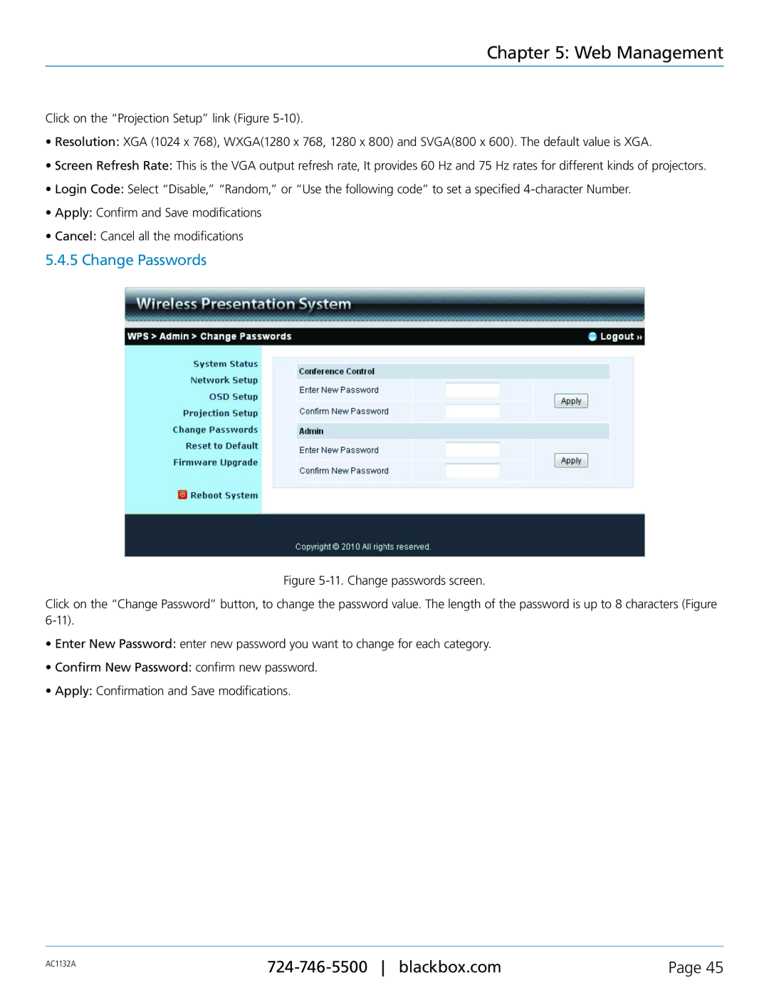 Black Box Wireless Video Presentation System III, AC1132A manual Change Passwords 