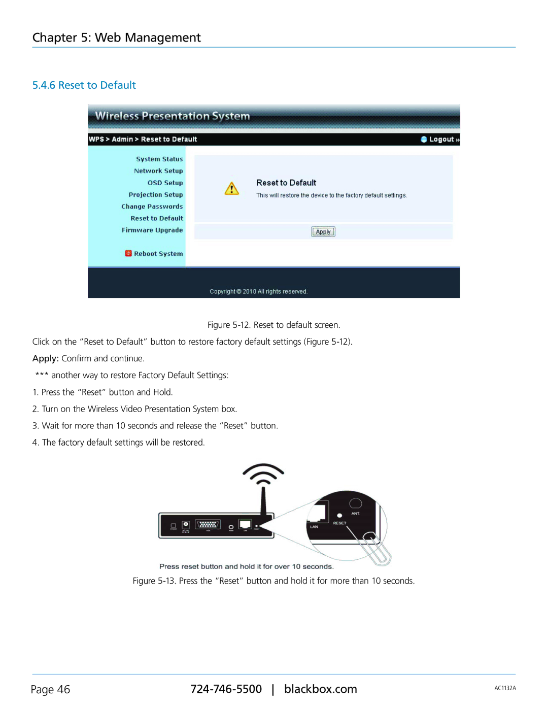 Black Box AC1132A, Wireless Video Presentation System III manual Reset to Default 