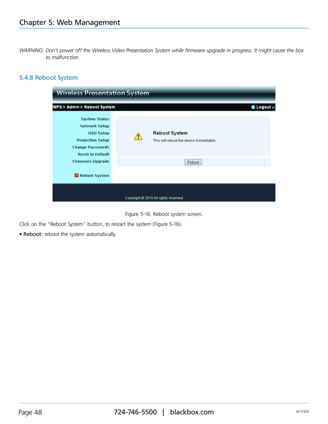 Black Box AC1132A, Wireless Video Presentation System III manual Reboot System 