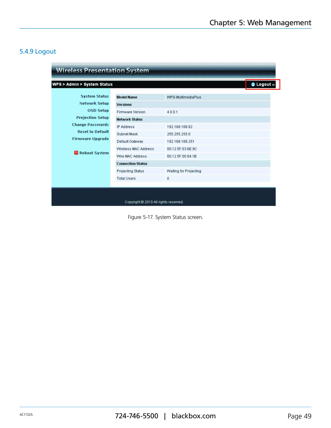 Black Box Wireless Video Presentation System III, AC1132A manual Logout, System Status screen 