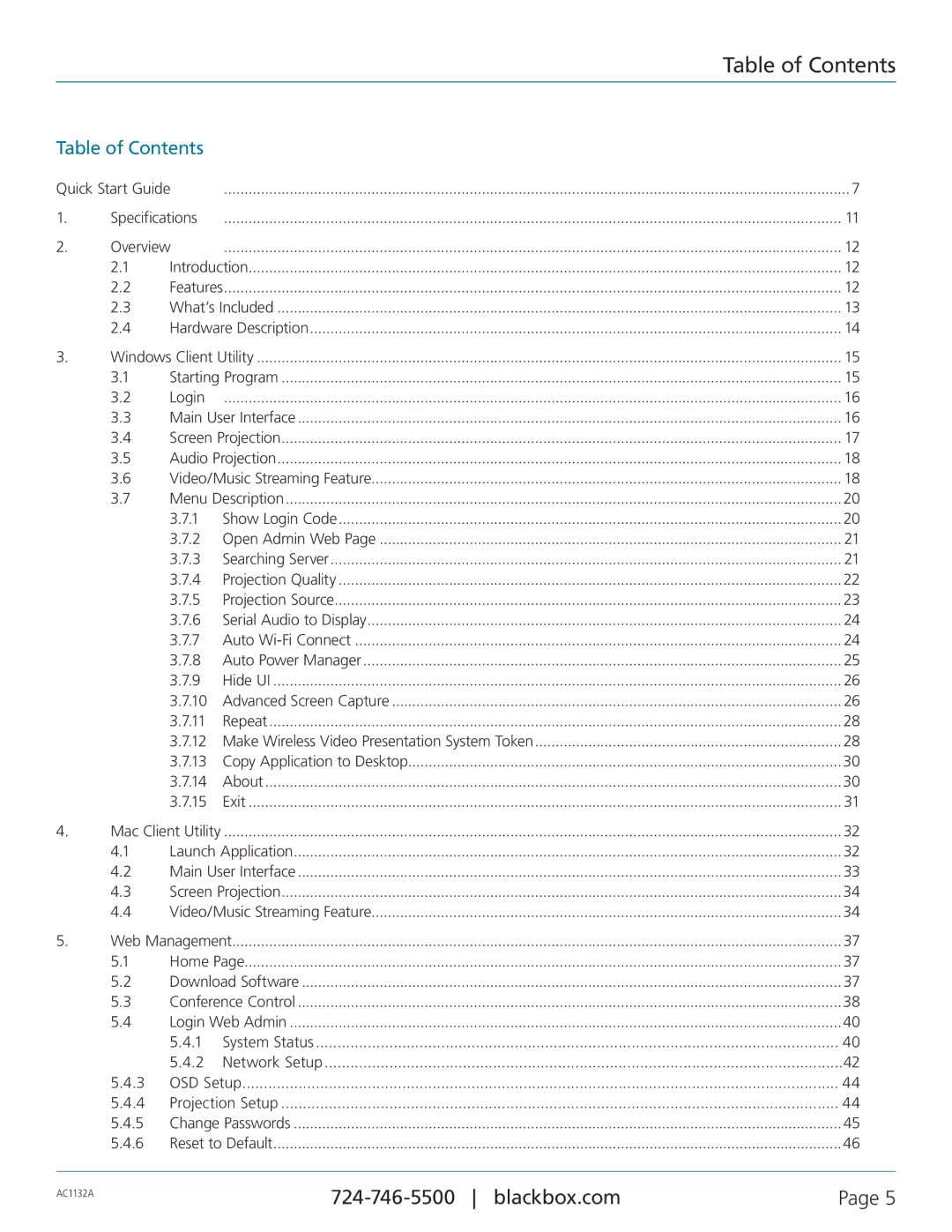 Black Box Wireless Video Presentation System III, AC1132A manual Table of Contents 