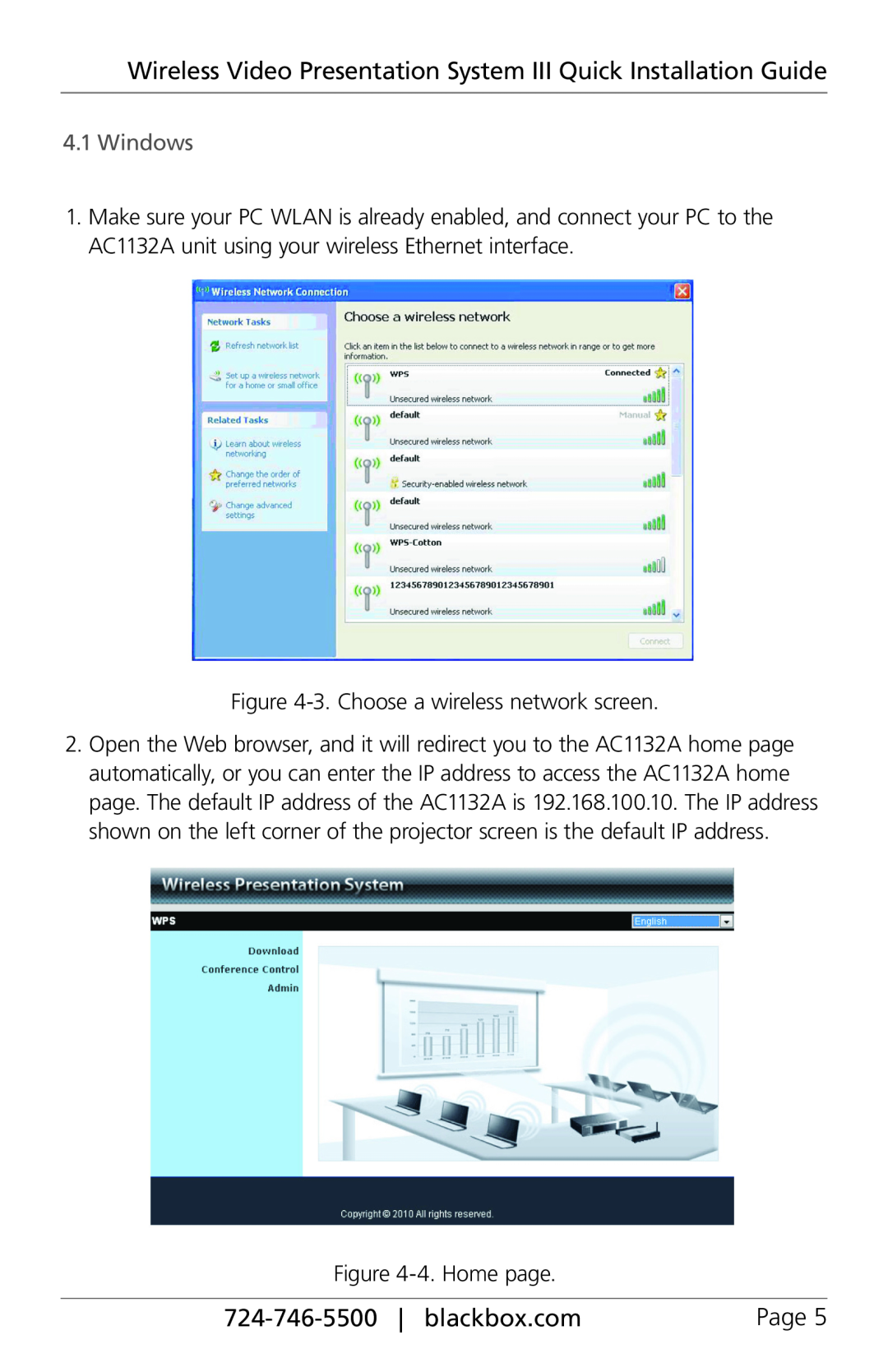 Black Box AC1132A manual Windows, 724-746-5500| blackbox.com, 3.Choose a wireless network screen, 4.Home page, Page 