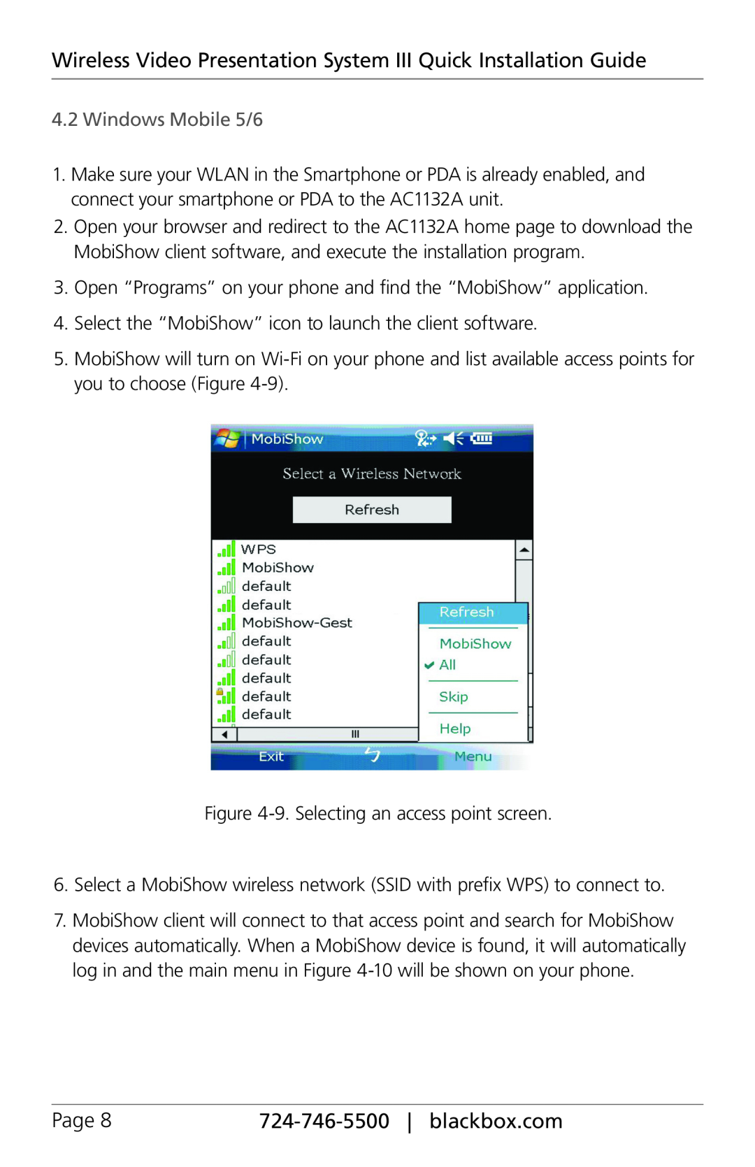 Black Box AC1132A manual Windows Mobile 5/6, Page, 724-746-5500| blackbox.com 
