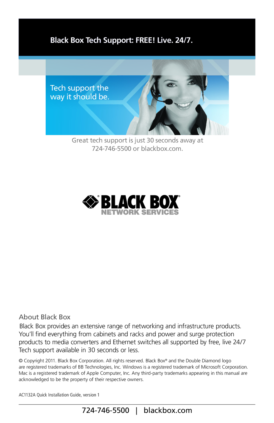 Black Box AC1132A manual Black Box Tech Support FREE! Live /7, About Black Box 