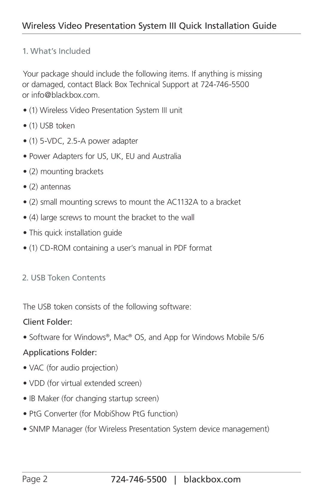 Black Box AC1132A manual What’s Included, USB Token Contents 