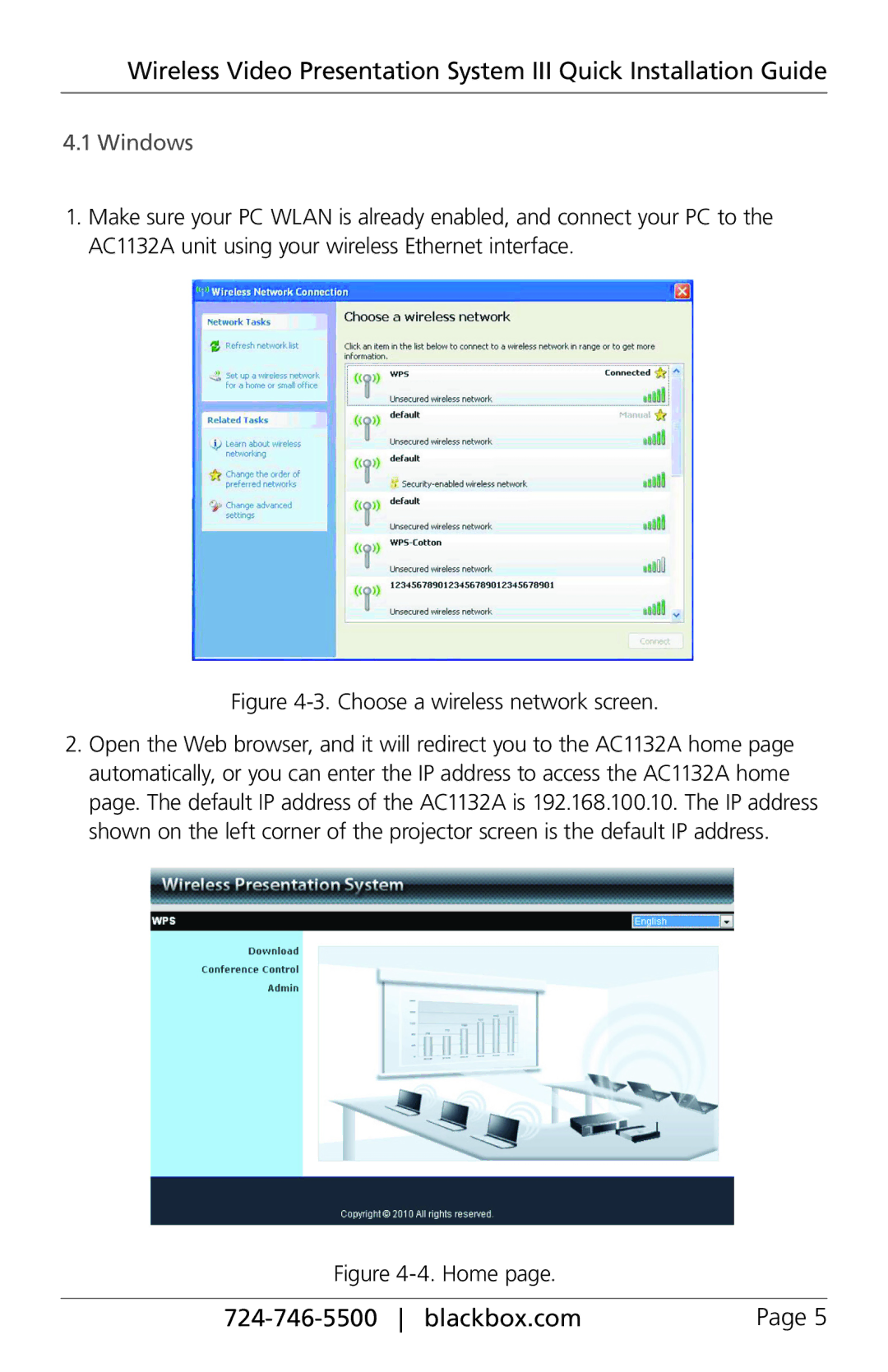 Black Box AC1132A manual Windows, Choose a wireless network screen 