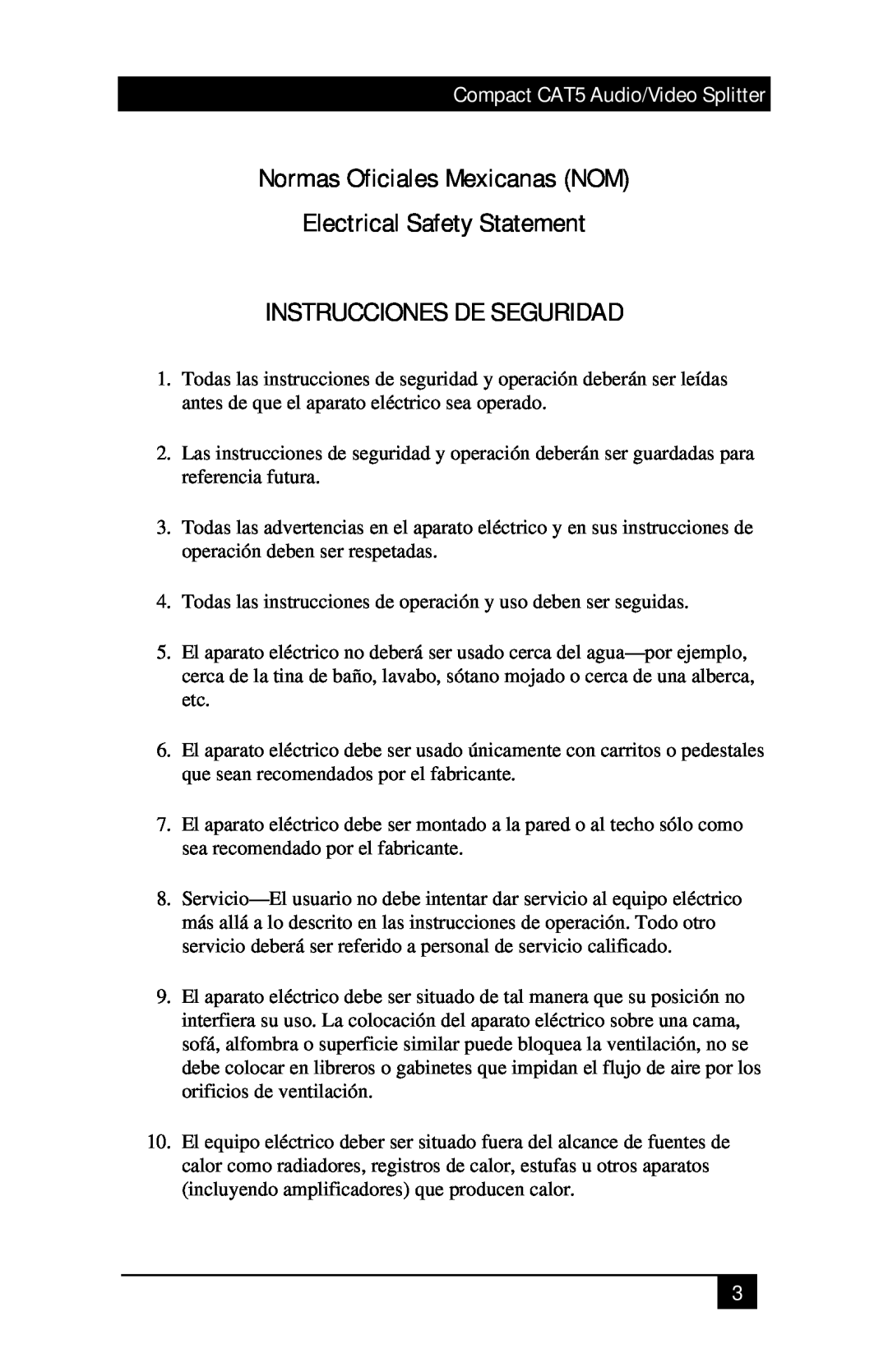 Black Box AC154A-2 manual Normas Oficiales Mexicanas NOM Electrical Safety Statement, Instrucciones De Seguridad 