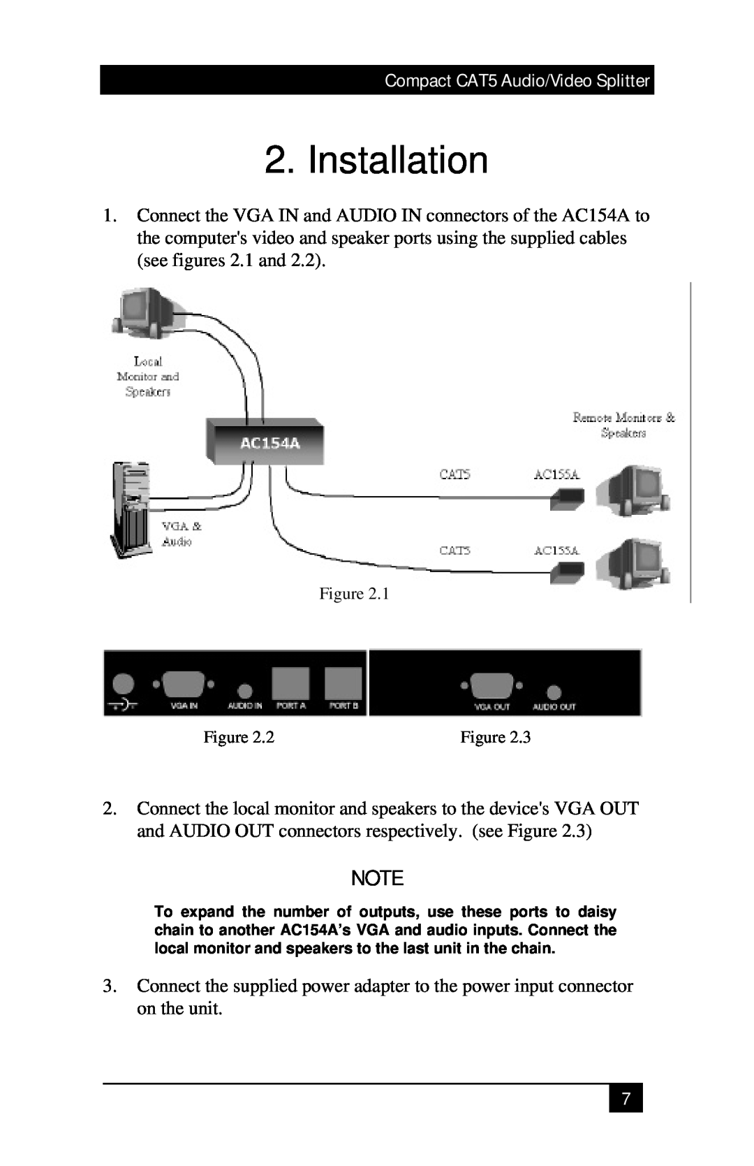 Black Box AC154A-2, COMPACT CAT5 AUDIO/VIDEO SPLITTERS manual Installation, Compact CAT5 Audio/Video Splitter 