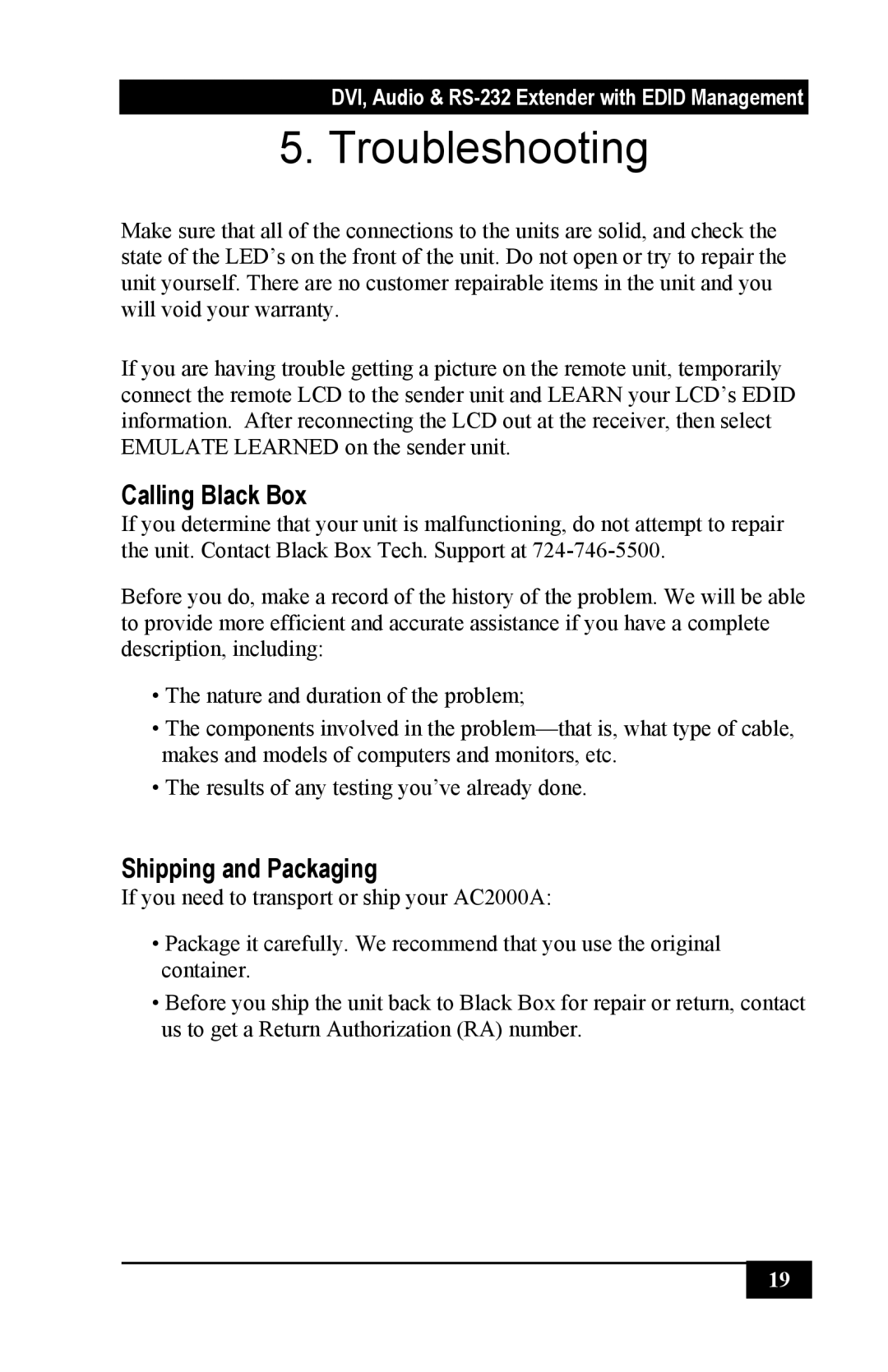 Black Box DVI, Audio, RS-232 Extender with EDID Management Troubleshooting, Calling Black Box, Shipping and Packaging 