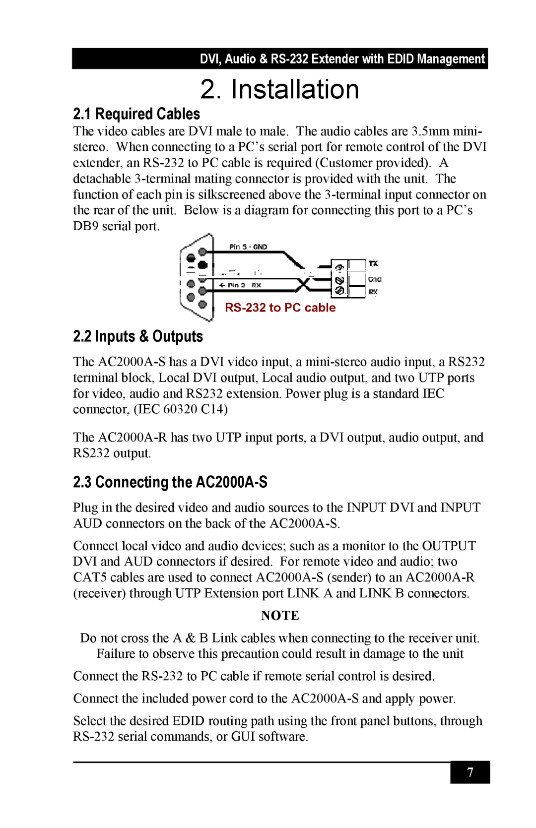 Black Box DVI, Audio, RS-232 Extender with EDID Management, AC2000A manual Installation, Required Cables, Inputs & Outputs 