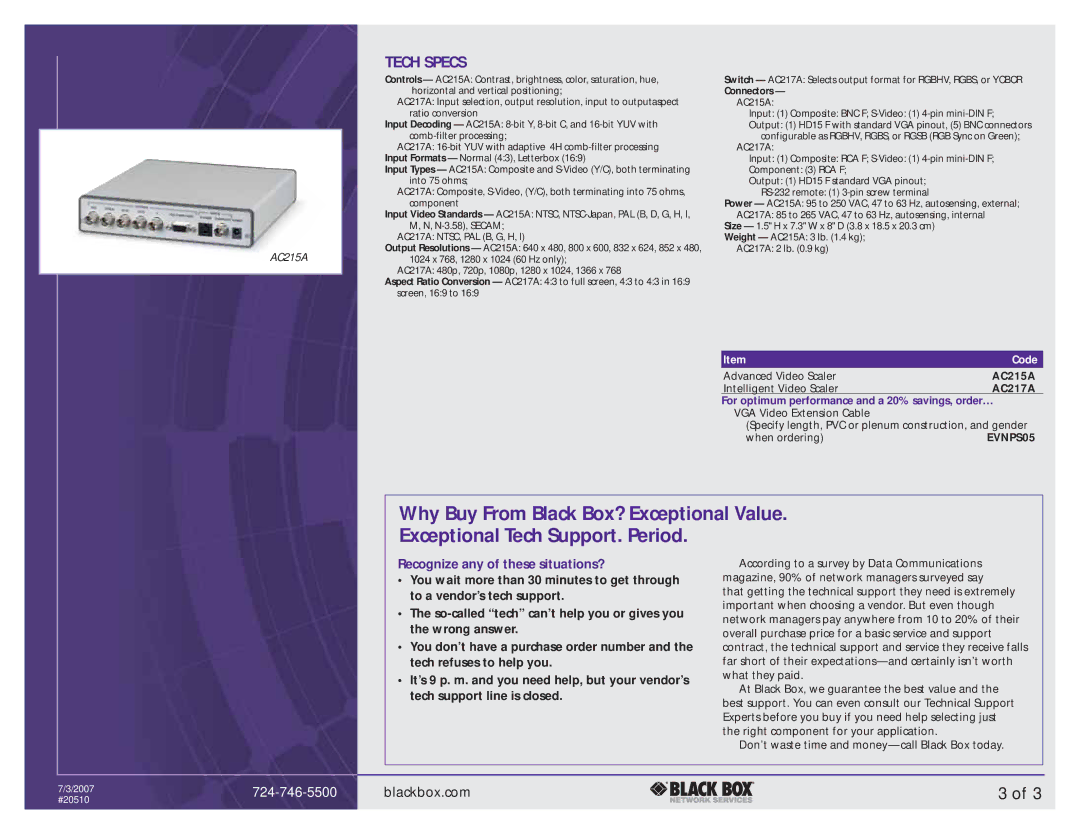 Black Box AC217A, AC215A manual Tech Specs, Recognize any of these situations? 