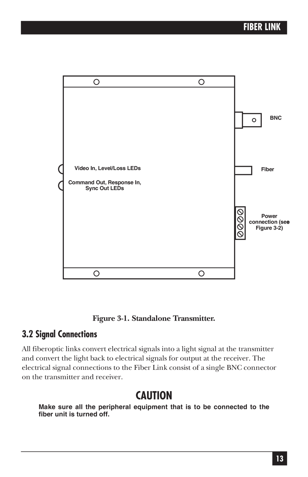 Black Box AC455A-TX-R2, AC456A-RX-R2 manual Signal Connections, 1. Standalone Transmitter, Fiber Link 