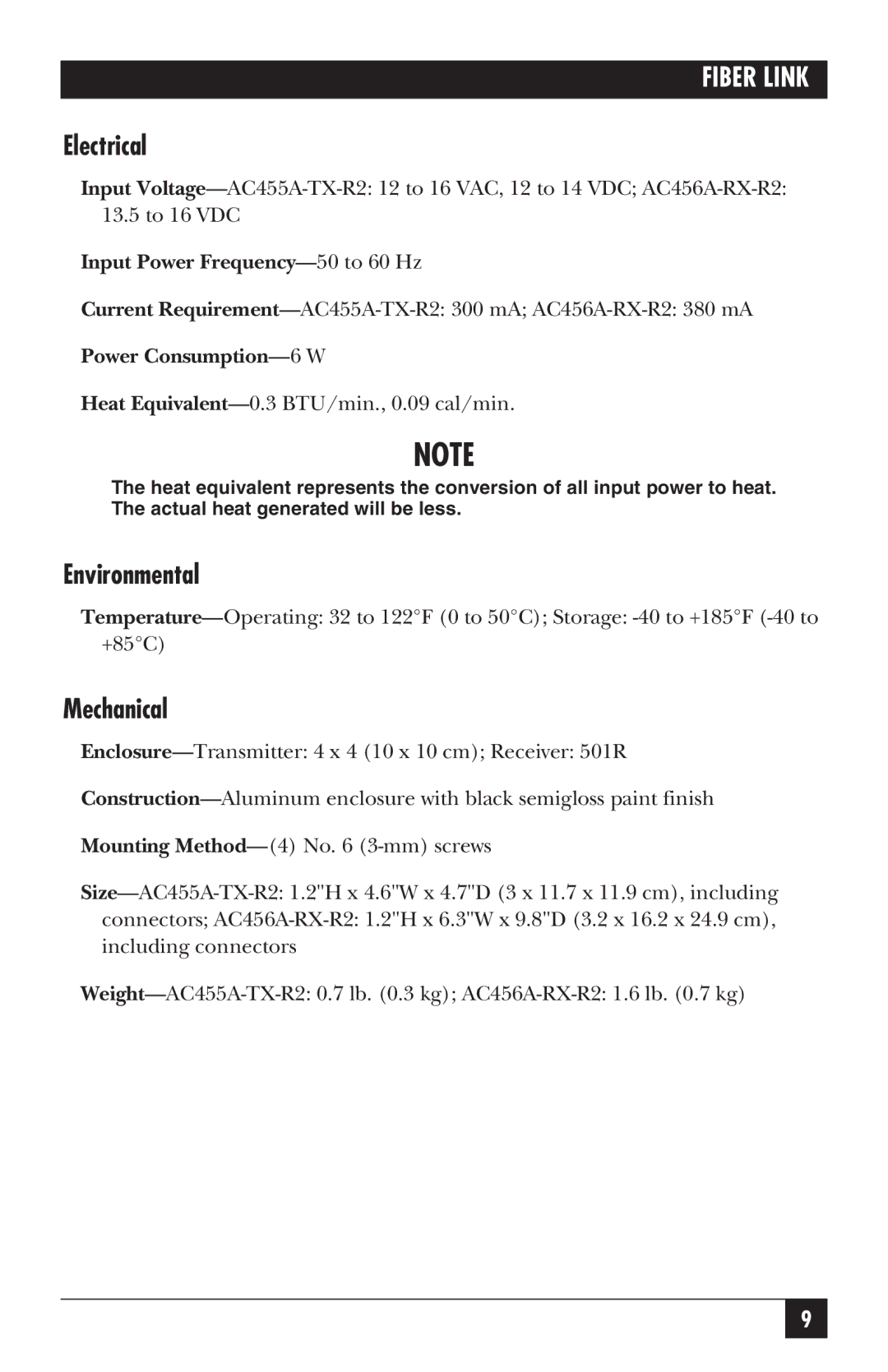 Black Box AC455A-TX-R2, AC456A-RX-R2 manual Electrical, Environmental, Mechanical 