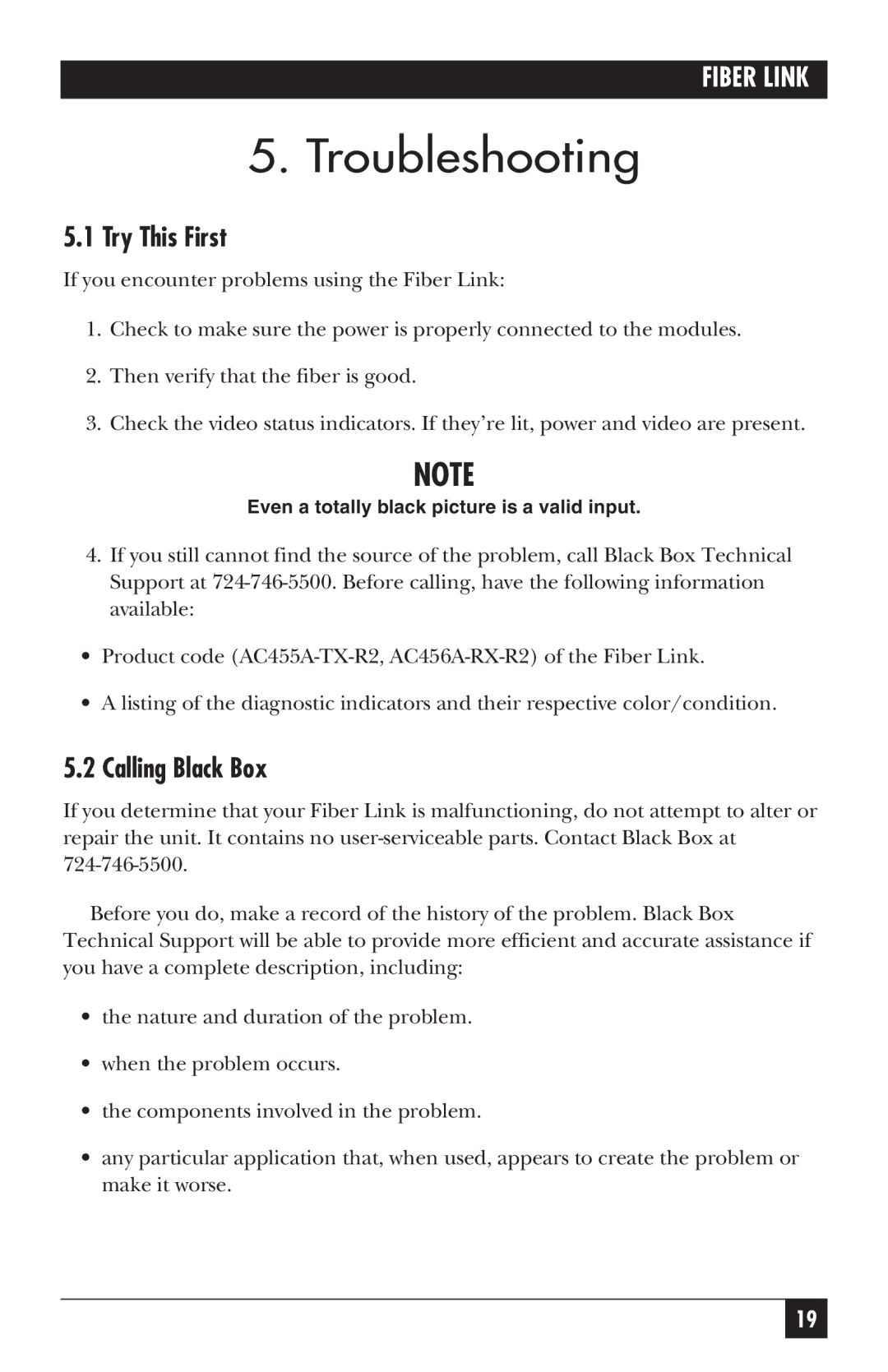 Black Box AC455A-TX-R2, AC456A-RX-R2 manual Troubleshooting, Try This First, Calling Black Box 