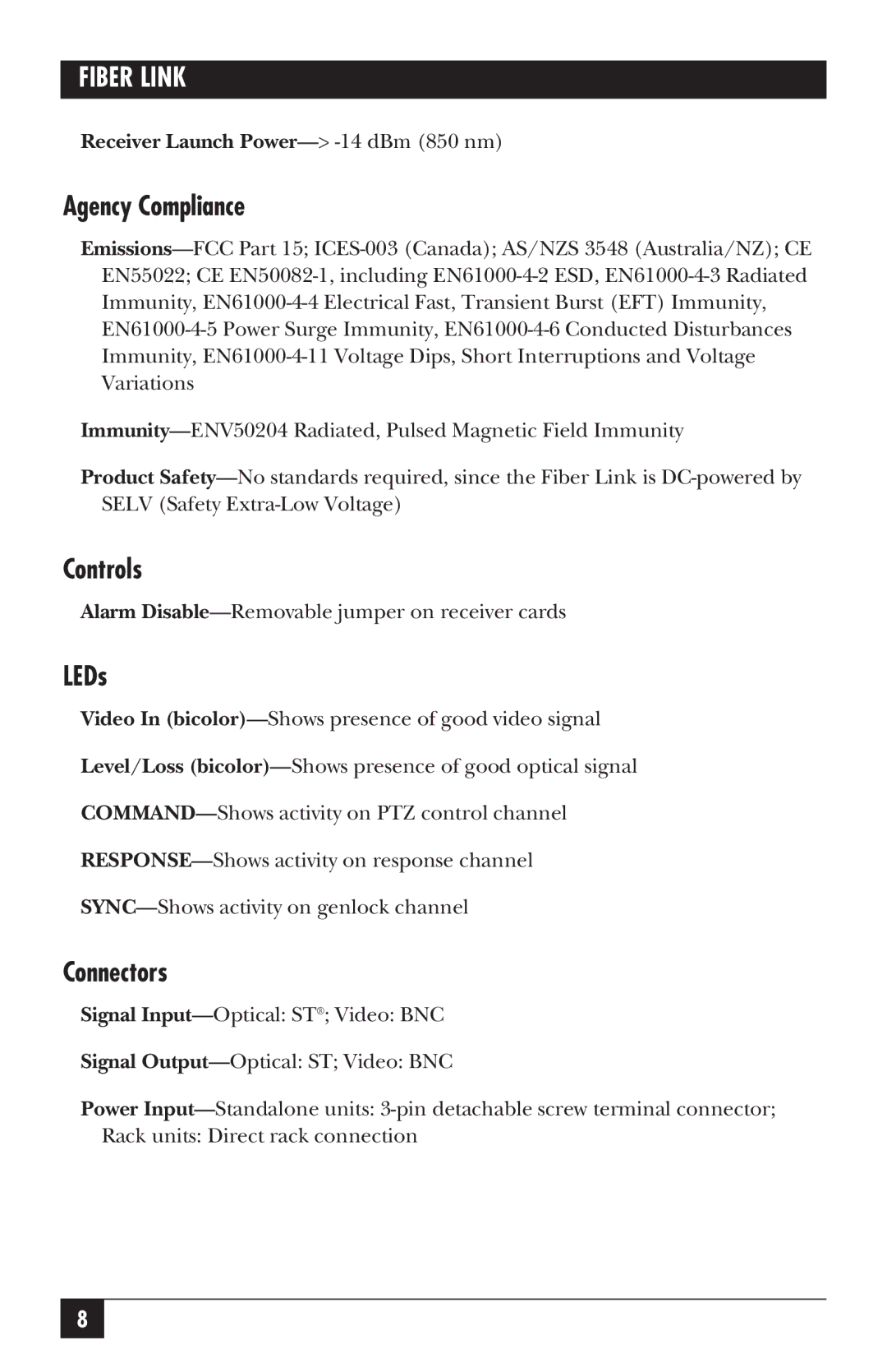 Black Box AC456A-RX-R2, AC455A-TX-R2 manual Agency Compliance, Controls, LEDs, Connectors 