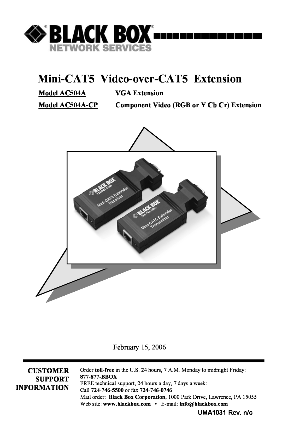 Black Box manual VGA Extension, Model AC504A-CP, Component Video RGB or Y Cb Cr Extension, UMA1031 Rev. n/c, Bbox 