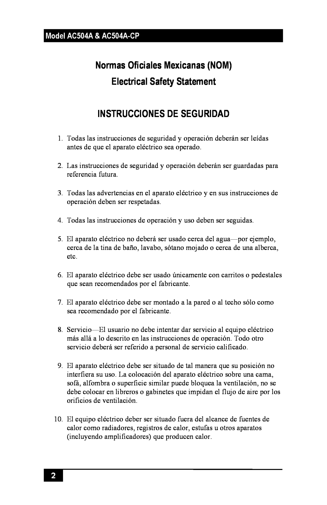 Black Box AC504A-CP manual Normas Oficiales Mexicanas NOM Electrical Safety Statement, Instrucciones De Seguridad 