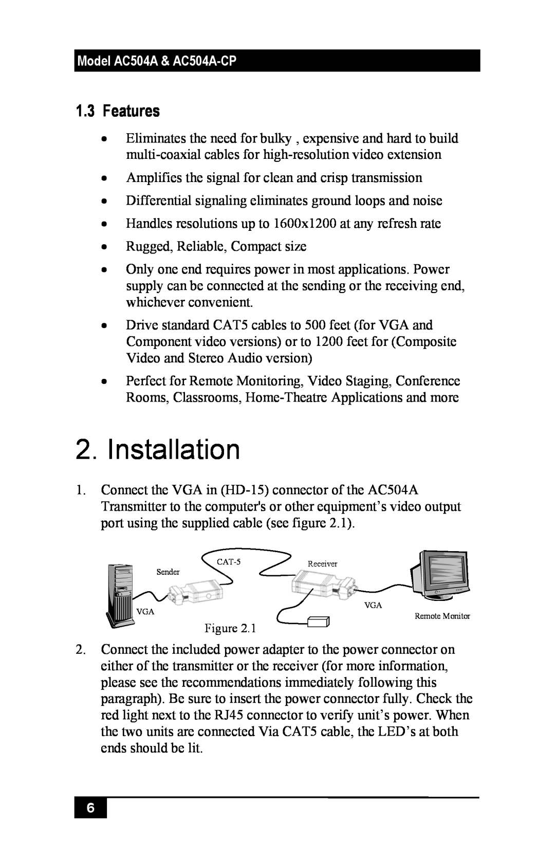 Black Box Mini-CAT5 Video-over-CAT5 Extension manual Installation, Features, Model AC504A & AC504A-CP 
