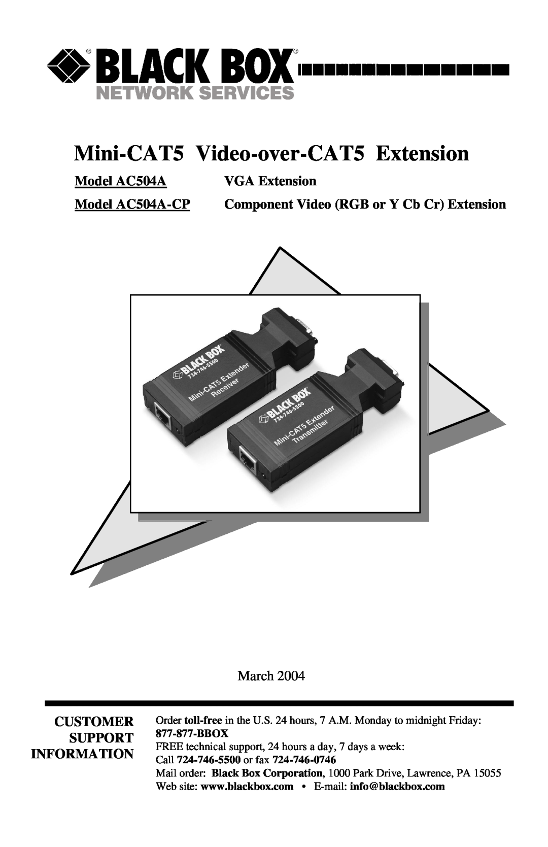 Black Box manual VGA Extension, Model AC504A-CP, Component Video RGB or Y Cb Cr Extension, Bbox 