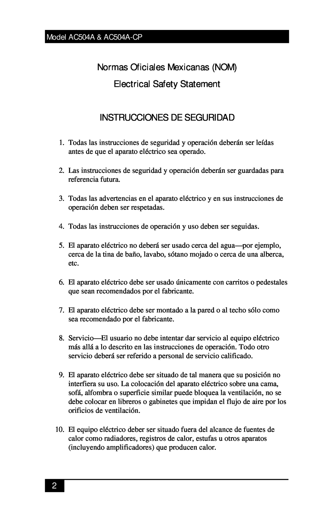Black Box AC504A-CP manual Normas Oficiales Mexicanas NOM, Electrical Safety Statement, Instrucciones De Seguridad 