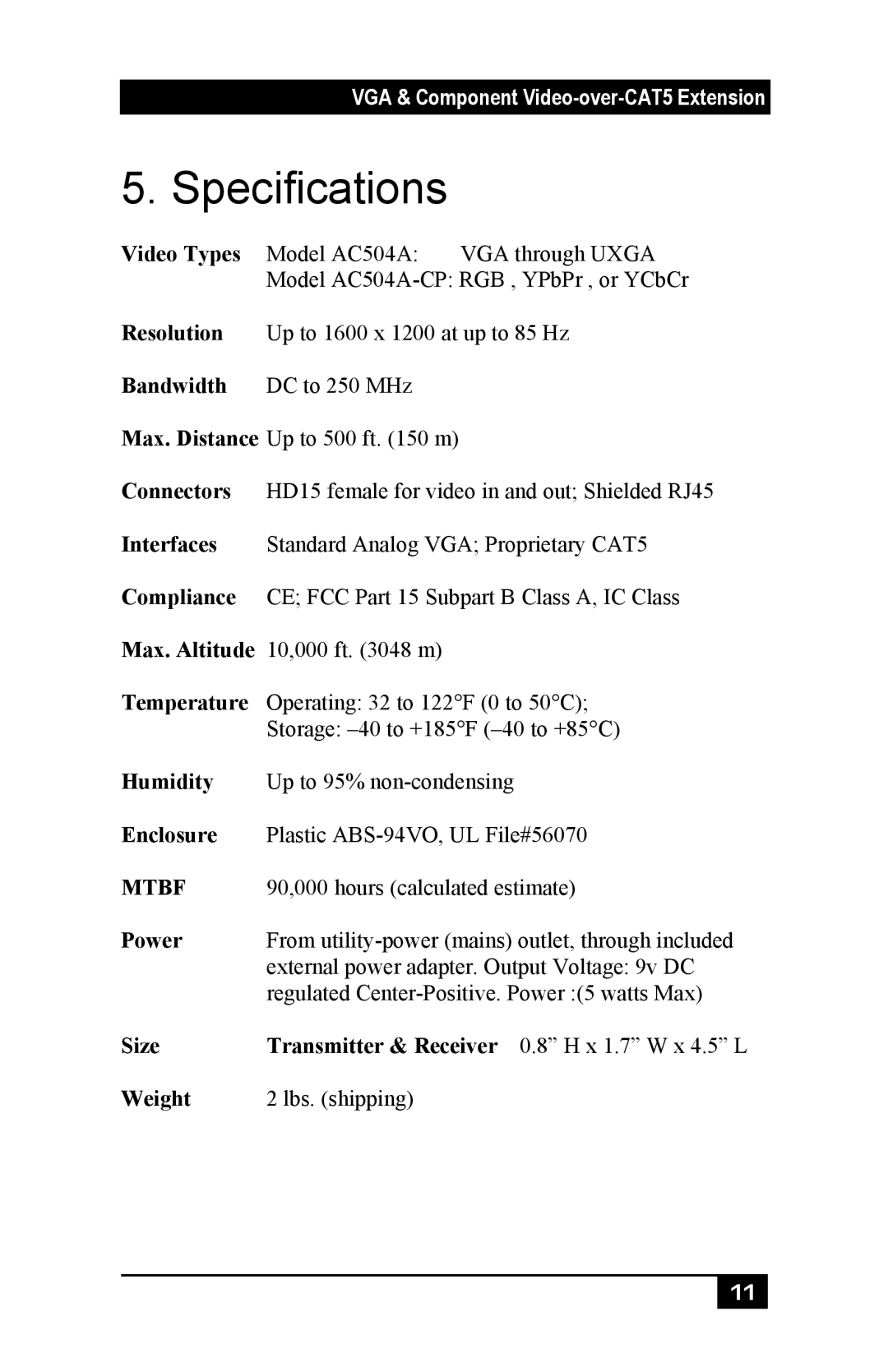 Black Box AC504A-CP, Mini-CAT5 Video-over-CAT5 Extension manual Specifications, Mtbf 