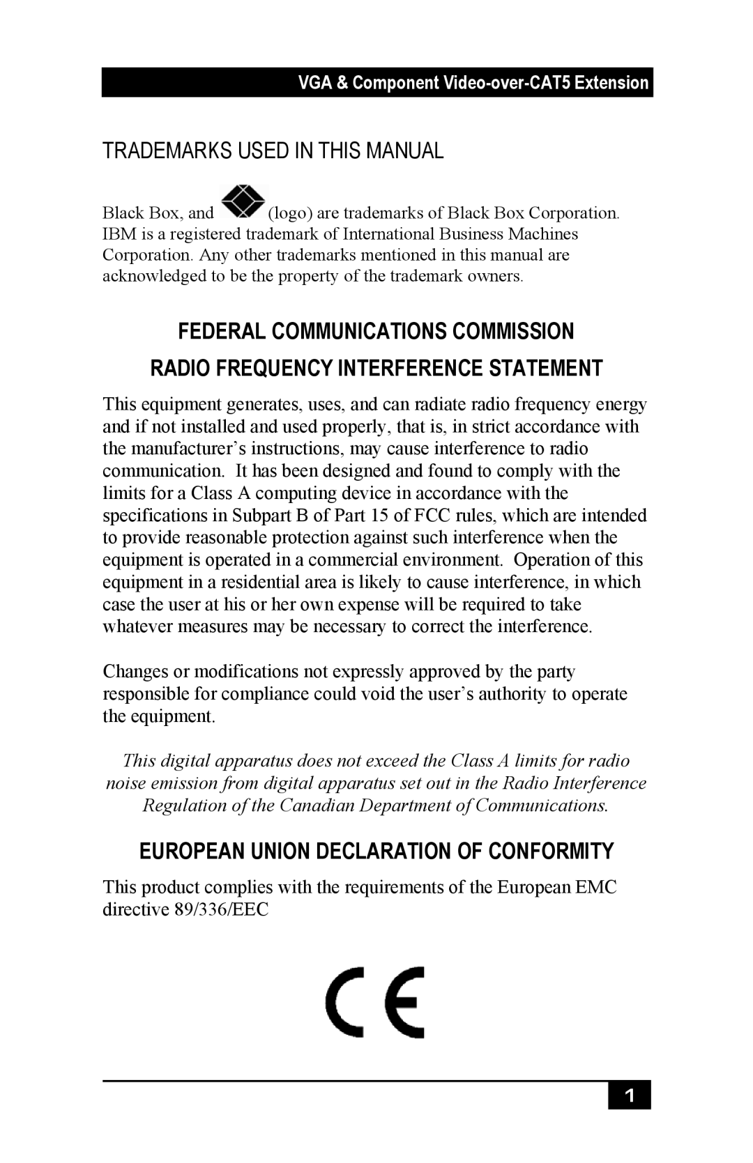 Black Box AC504A-CP, Mini-CAT5 Video-over-CAT5 Extension manual European Union Declaration of Conformity 