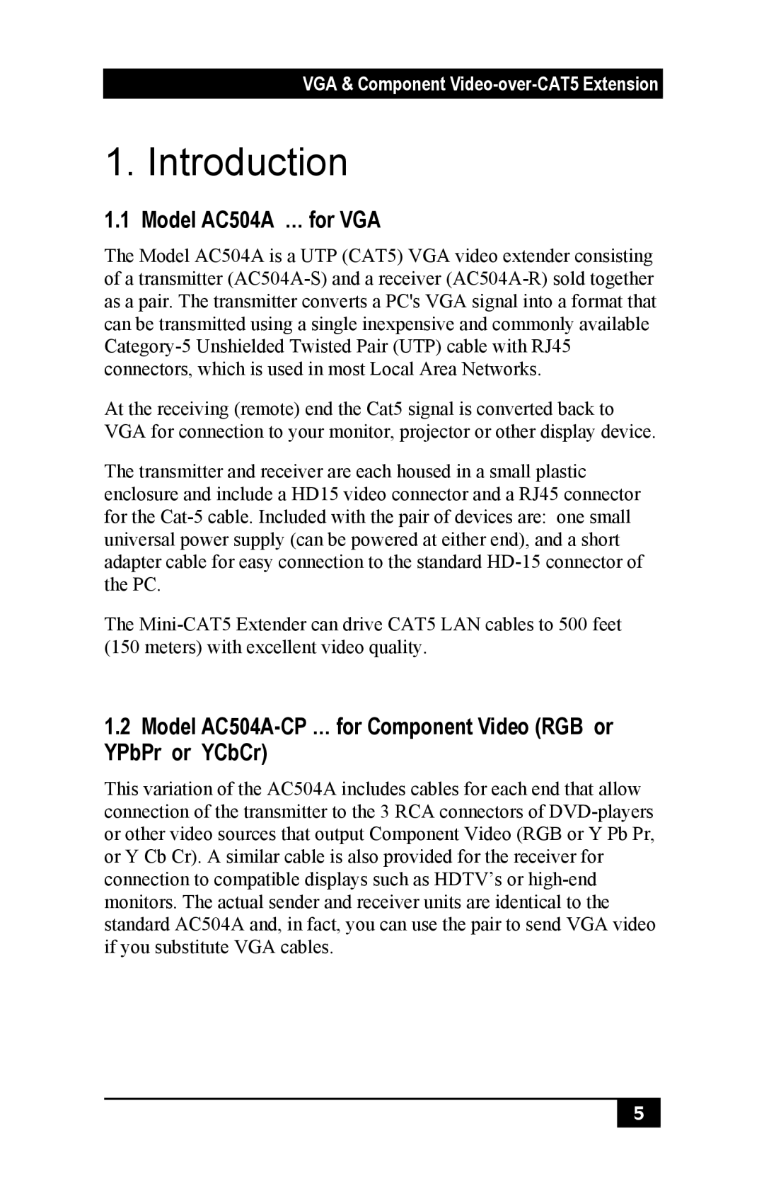 Black Box manual Introduction, Model AC504A … for VGA, Model AC504A-CP … for Component Video RGB or YPbPr or YCbCr 