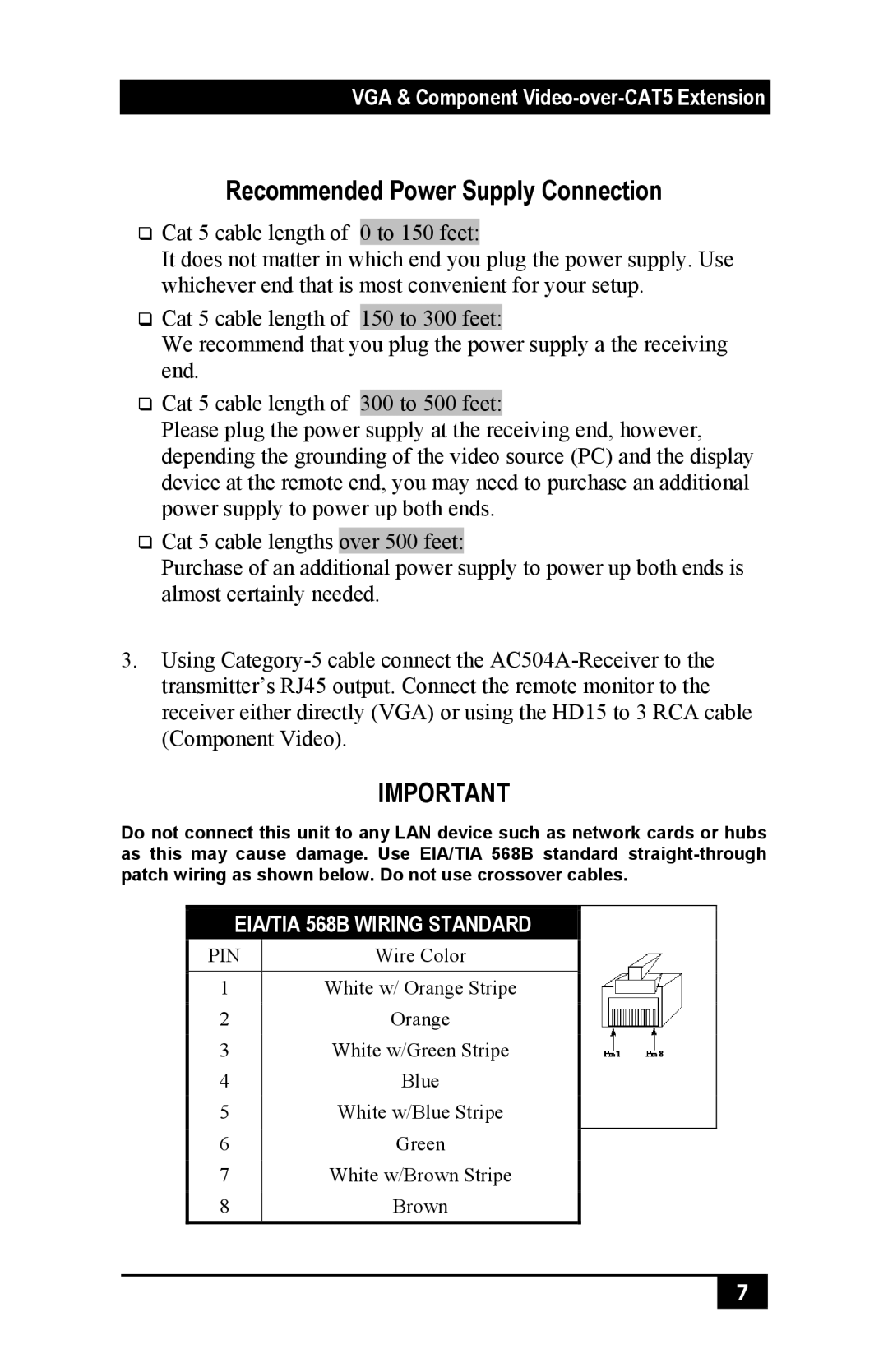 Black Box AC504A-CP, Mini-CAT5 Video-over-CAT5 Extension Recommended Power Supply Connection, EIA/TIA 568B Wiring Standard 