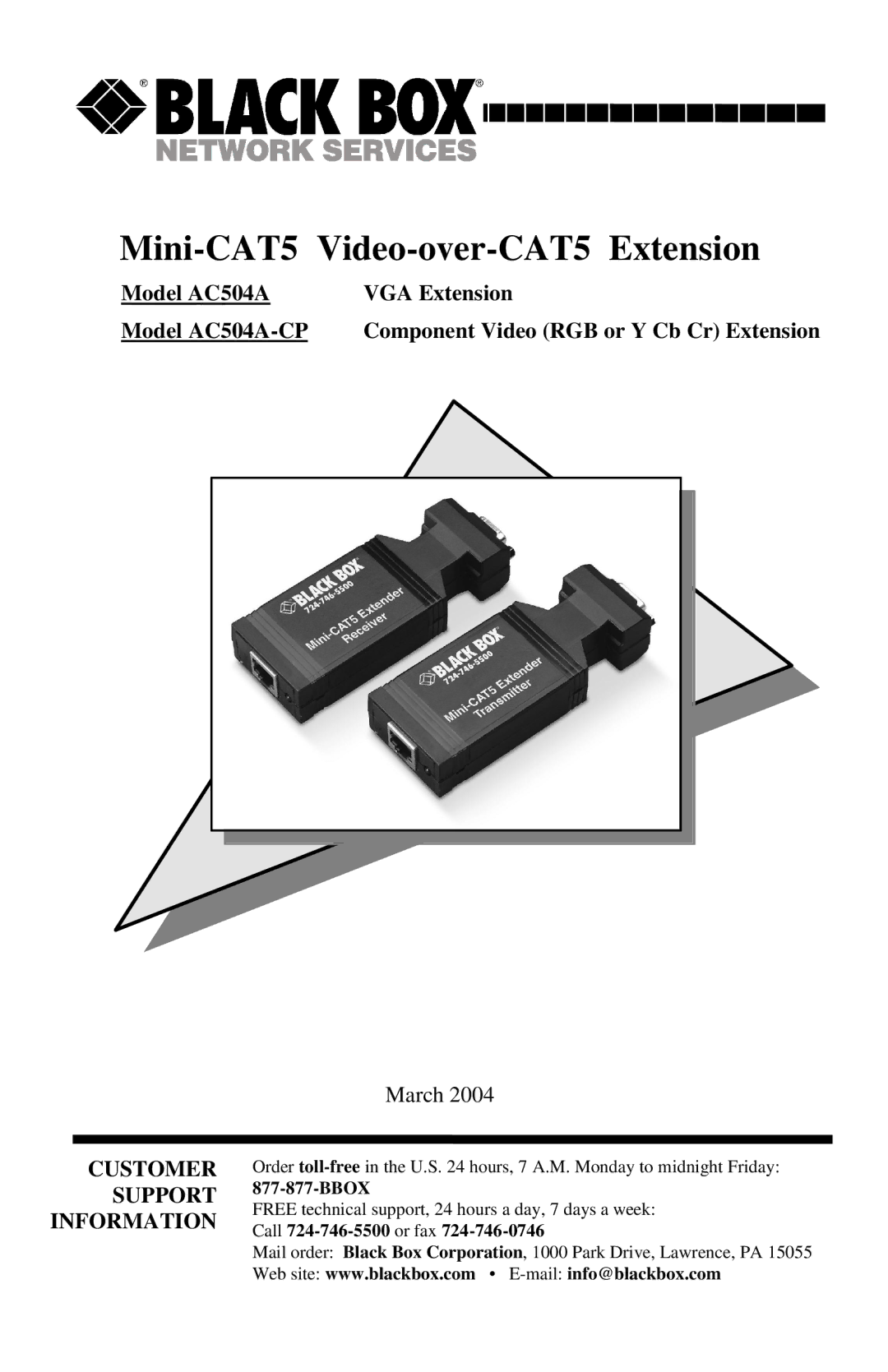 Black Box AC504A-CP manual Mini-CAT5 Video-over-CAT5 Extension 