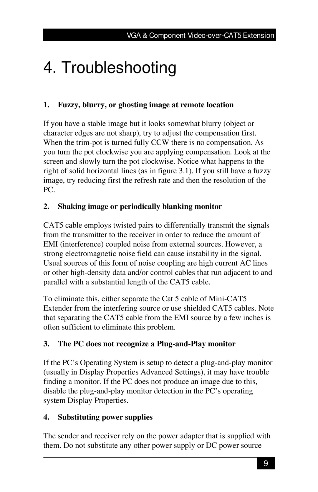 Black Box AC504A manual Troubleshooting, Fuzzy, blurry, or ghosting image at remote location, Substituting power supplies 