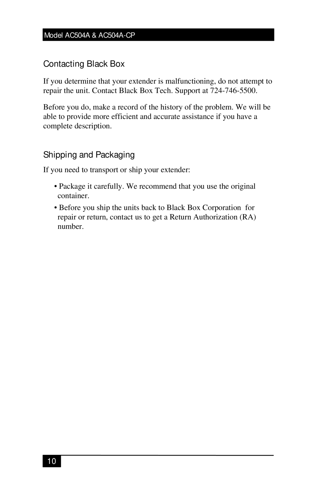 Black Box Mini-CAT5 Video-over-CAT5 Extension, AC504A-CP manual Contacting Black Box, Shipping and Packaging 