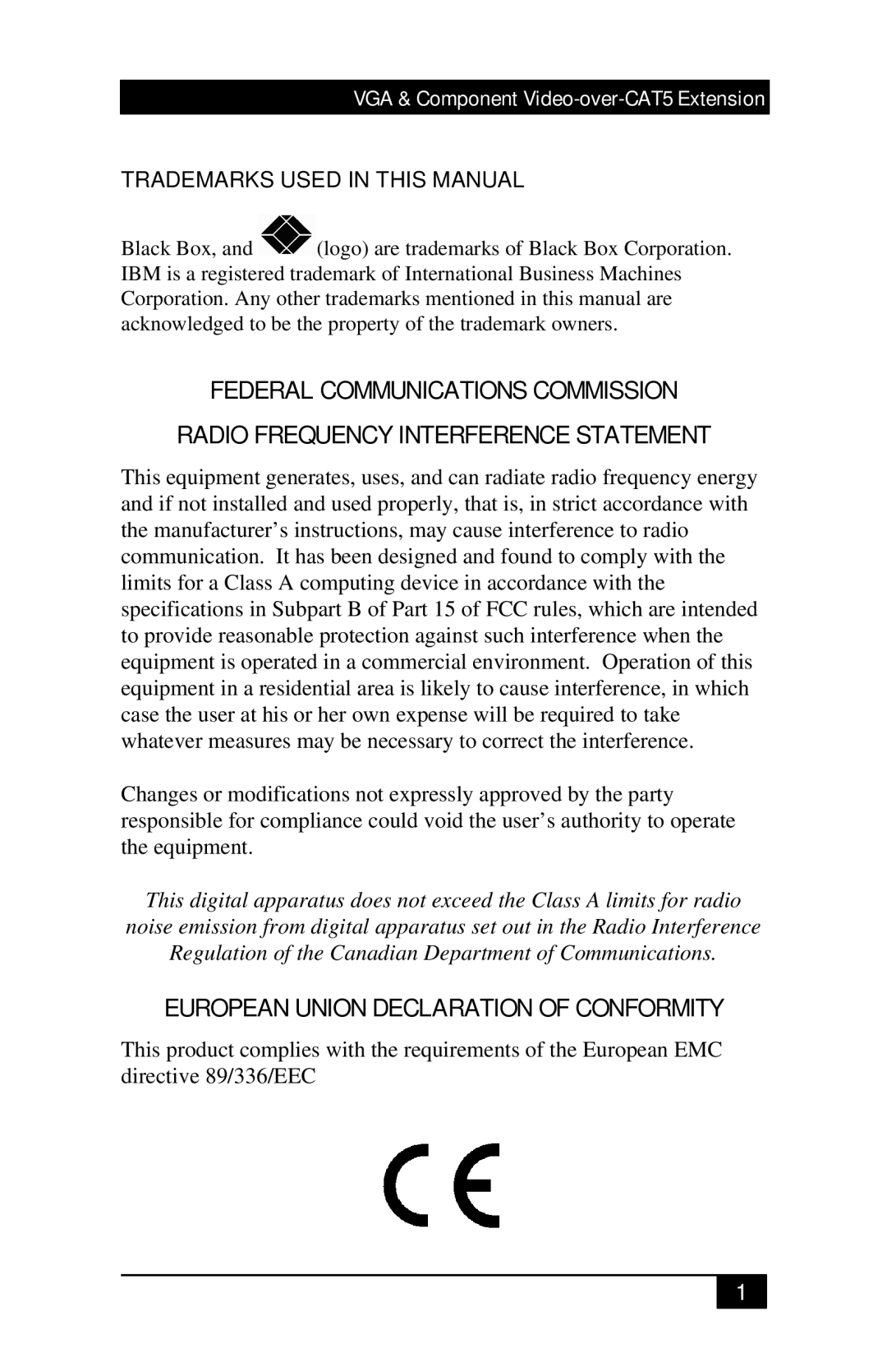 Black Box Mini-CAT5 Video-over-CAT5 Extension, AC504A-CP manual European Union Declaration of Conformity 