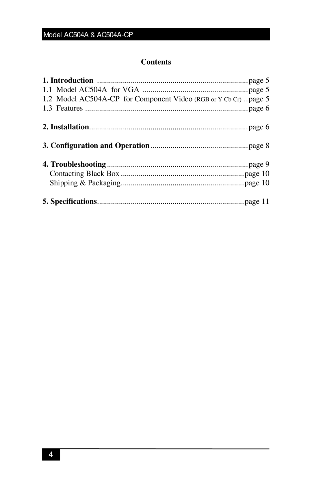 Black Box Mini-CAT5 Video-over-CAT5 Extension, AC504A-CP manual Contents 